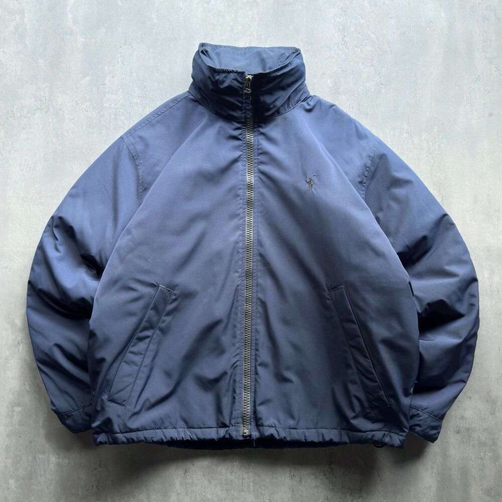 Vintage Polo Ralph Lauren Hidden Hood Fleece Lined Jacket Mens L Navy Full Zip